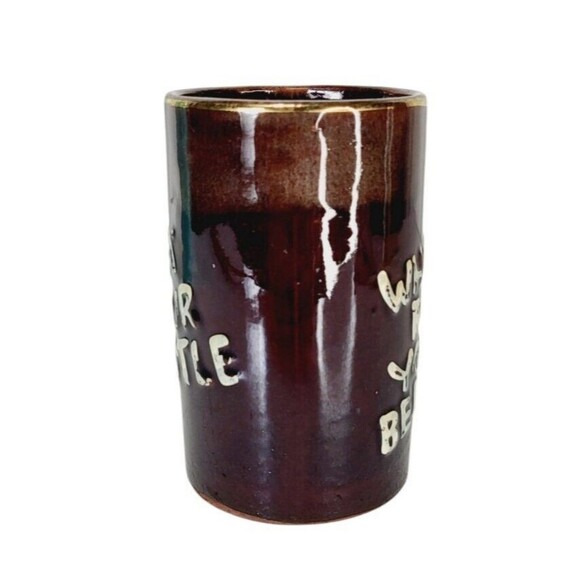 Vintage "Whistle For Your Beer" "Wet Your Whistle" Redware Beer Mug Brown Drip - Picture 3 of 11